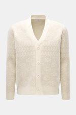 Front view of 04651/ A trip in a bag Cardigan cream/beige patterned with rib knit wool and cashmere, soft feel, medium-fine knit texture, subtle Norwegian pattern, Regular Fit, V-neck, four-button placket, and ribbed cuffs.