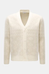 Front view of 04651/ A trip in a bag Cardigan cream/beige patterned with rib knit wool and cashmere, soft feel, medium-fine knit texture, subtle Norwegian pattern, Regular Fit, V-neck, four-button placket, and ribbed cuffs.