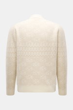 Back view of 04651/ A trip in a bag Cardigan cream/beige patterned, rib knit wool and cashmere, soft feel, medium-fine knit, subtle Norwegian pattern, Regular Fit, V-neck, four-button placket, ribbed cuffs.