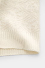Close-up front view of 04651/ A trip in a bag Cardigan cream/beige patterned, rib knit wool and cashmere, soft feel, medium-fine knit texture, subtle Norwegian pattern, Regular Fit, V-neck, four-button placket, comfortable ribbed cuffs.