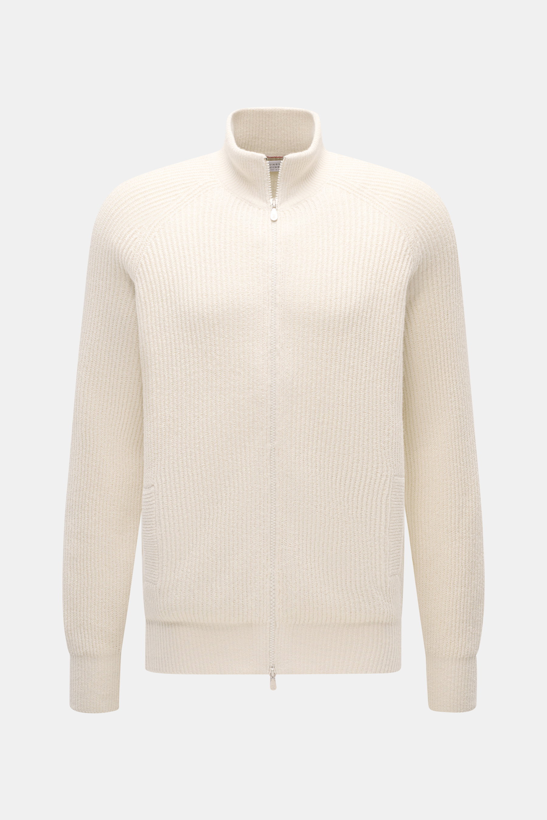 Brunello Cucinelli Strickjacke creme im Patentstrick mit Stehkragen, Zwei-Wege-Zipper, Eingrifftaschen, Rippbündchen, frontale Perspektive.