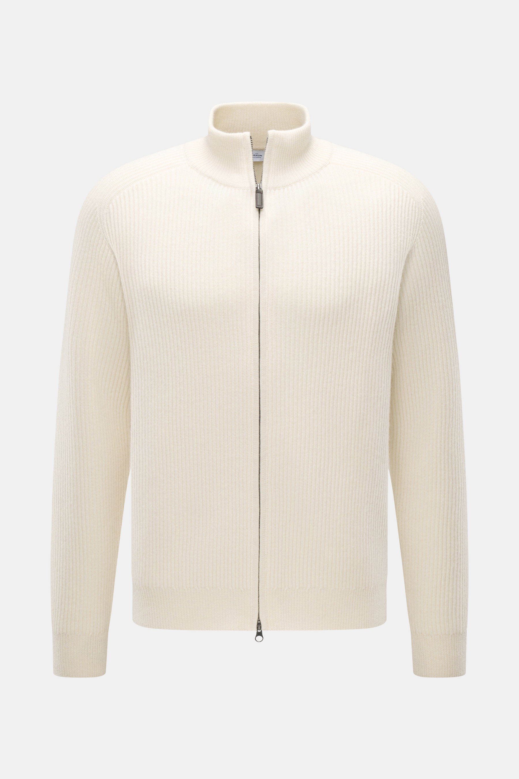 von Braun Cashmere Strickjacke offwhite, frontale Nahaufnahme, Slim Fit, hoher Kragen, Zwei-Wege-Reißverschluss, Patentstrick, Raglanärmel, elastische Rippbündchen, reiner Cashmere, weicher Griff, Basic für kalte Jahreszeit