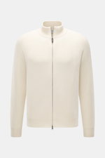 von Braun Cashmere Cardigan off-white shown from the front, slim fit with classic ribbed knit, high collar, two-way zipper, raglan sleeves, and elastic cuffs. Basic for the cold season made from soft cashmere: The VON BRAUN cardigan in classic ribbed knit