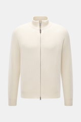 von Braun Cashmere Cardigan off-white shown from the front, slim fit with classic ribbed knit, high collar, two-way zipper, raglan sleeves, and elastic cuffs. Basic for the cold season made from soft cashmere: The VON BRAUN cardigan in classic ribbed knit