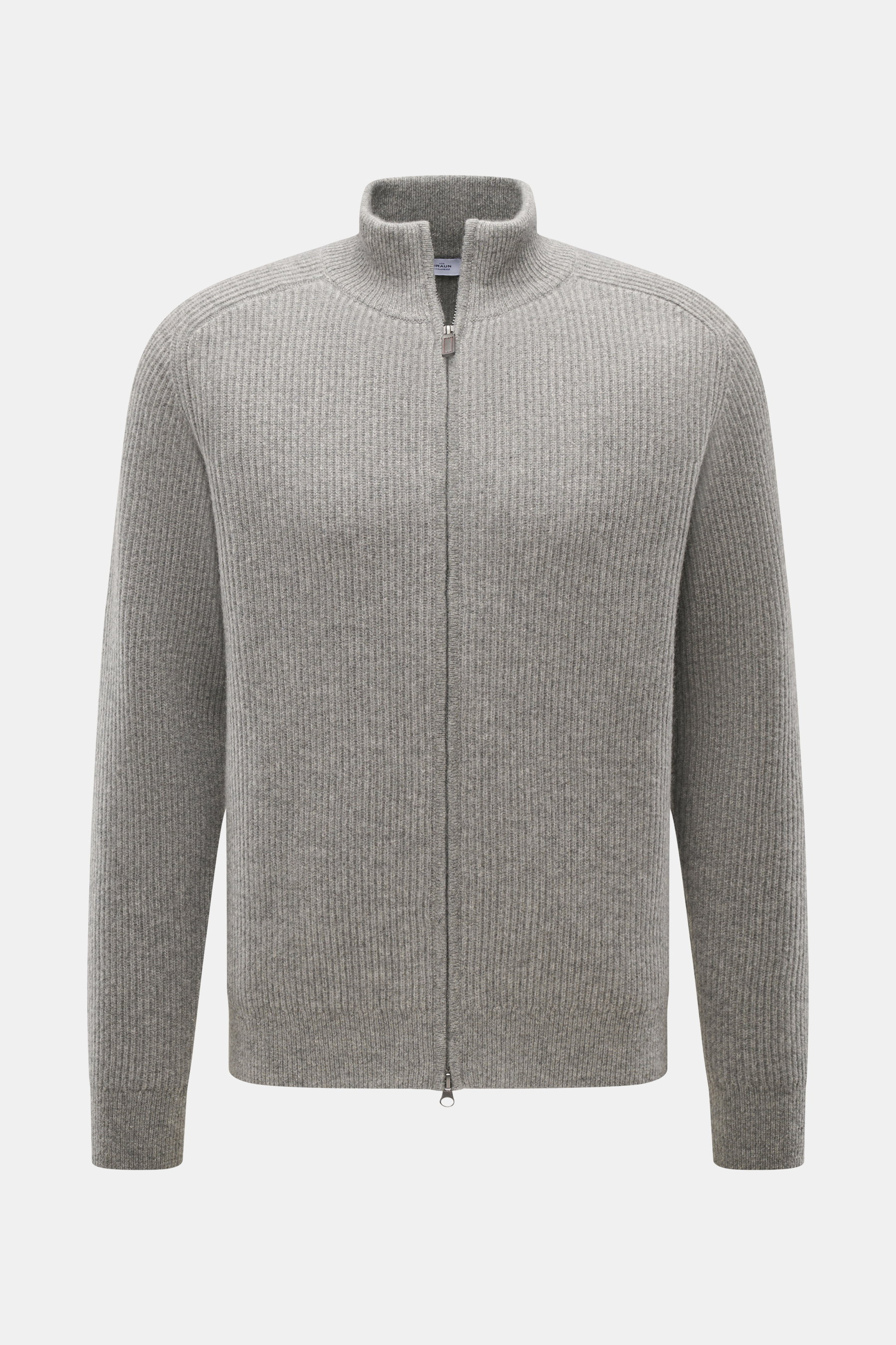 von Braun Cashmere Strickjacke hellgrau meliert, Slim Fit mit hohem Kragen, Zwei-Wege-Reißverschluss, elastischen Rippbündchen, Patentstrick, Raglanärmel, frontal fotografiert