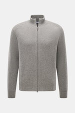 Front view of von Braun Cashmere Cardigan light grey melange in classic ribbed knit, soft cashmere, slim fit with high collar.