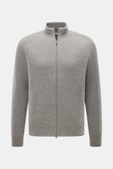 Front view of von Braun Cashmere Cardigan light grey melange in classic ribbed knit, soft cashmere, slim fit with high collar.