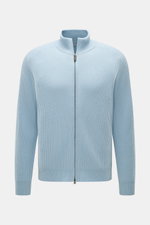 Front view of von Braun Cashmere Cardigan light blue in classic ribbed knit with high collar, two-way zipper, slim fit, and knitted raglan sleeves.

Description:  
<p>Basic for the cold season made from soft cashmere: The VON BRAUN cardigan in classic rib