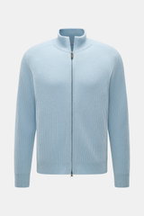 Front view of von Braun Cashmere Cardigan light blue in classic ribbed knit with high collar, two-way zipper, slim fit, and knitted raglan sleeves.

Description:  
<p>Basic for the cold season made from soft cashmere: The VON BRAUN cardigan in classic rib