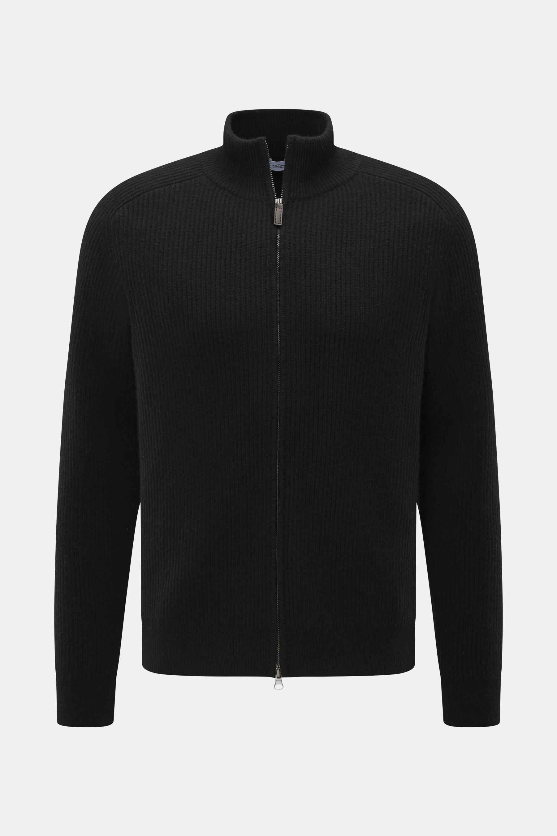 von Braun Cashmere Strickjacke schwarz, frontale Nahaufnahme, Slim Fit, hoher Kragen, Zwei-Wege-Reißverschluss, Patentstrick, Raglanärmel, weich, warm, Basic für kalte Jahreszeit