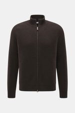 von Braun Cashmere Cardigan brown shown from the front, slim fit with high collar, two-way zipper, ribbed knit, raglan sleeves, elastic cuffs, pure soft cashmere.