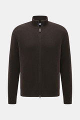 von Braun Cashmere Cardigan brown shown from the front, slim fit with high collar, two-way zipper, ribbed knit, raglan sleeves, elastic cuffs, pure soft cashmere.