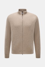 Front view of von Braun Cashmere Cardigan taupe melange in classic ribbed knit, slim fit with high collar, two-way zipper, and raglan sleeves.