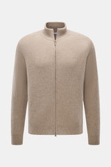 Front view of von Braun Cashmere Cardigan taupe melange in classic ribbed knit, slim fit with high collar, two-way zipper, and raglan sleeves.