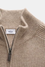Close-up front view of the von Braun Cashmere Cardigan taupe melange showing the high collar, two-way zipper, and classic ribbed knit texture.

Description: <p>Basic for the cold season made from soft cashmere: The VON BRAUN cardigan in classic ribbed kni
