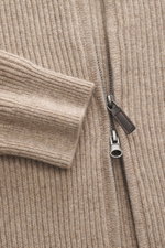 Close-up front view of the von Braun Cashmere Cardigan taupe melange showing ribbed knit fabric, two-way zipper, elastic ribbed cuff, and soft texture, a basic for the cold season made from pure cashmere with a soft touch, classic ribbed knit, slim fit, h
