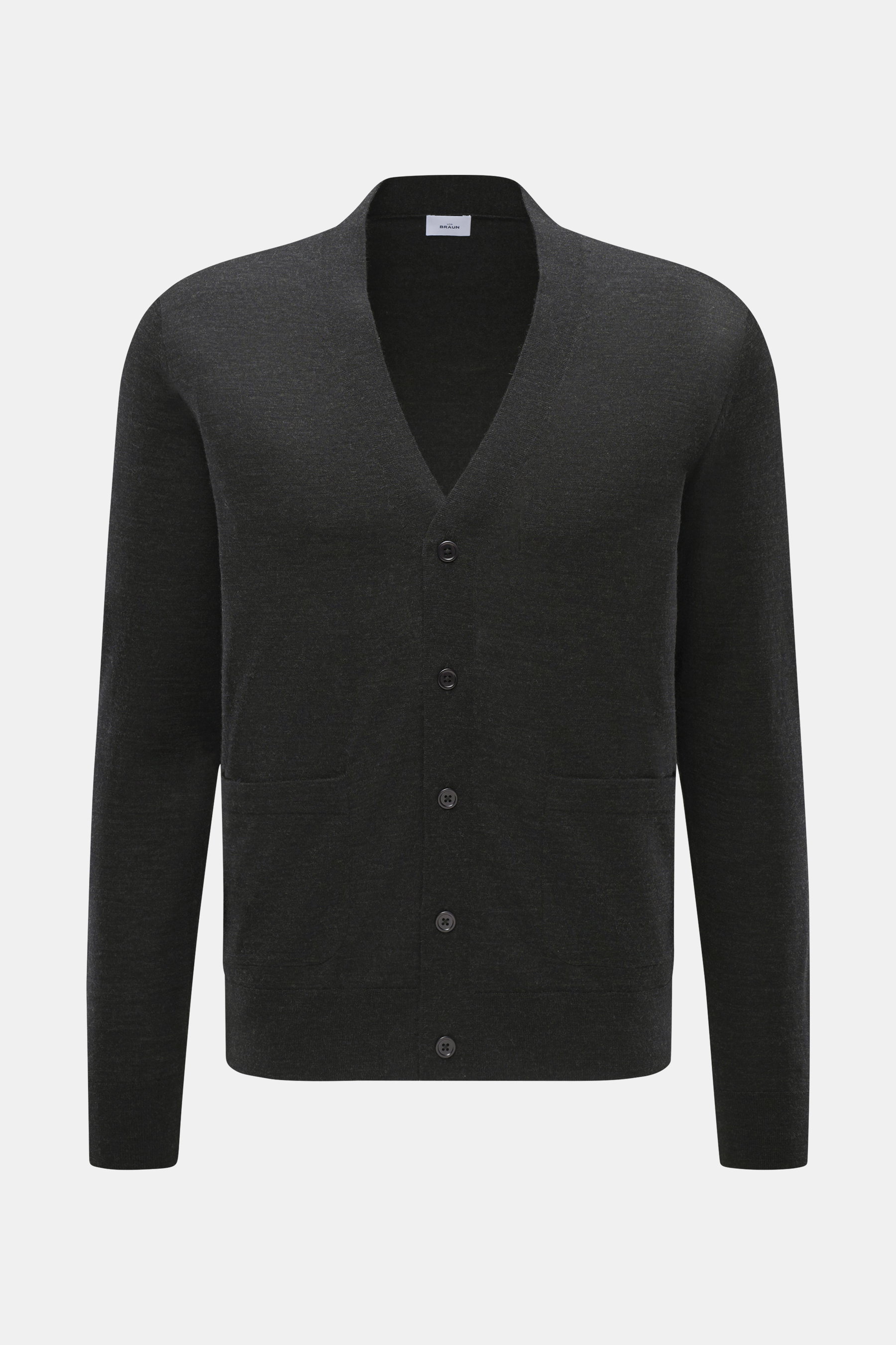 von Braun Merino Feinstrick-Cardigan anthrazit, Slim Fit, aus reiner Merinowolle, weich, mit Fünf-Knopf-Leiste, aufgesetzten Hüfttaschen, flexible Rippbündchen, Frontansicht.