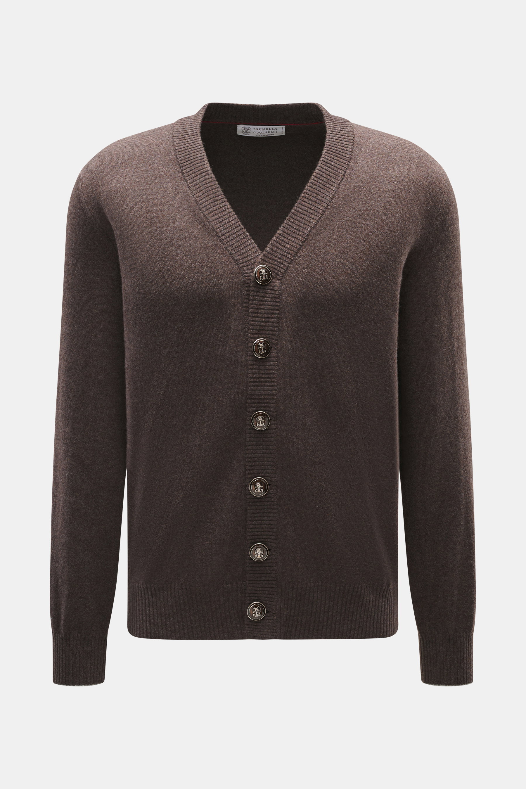 Brunello Cucinelli Cashmere cardigan grey-brown melange shown from the front, pure cashmere with soft feel, fine knit, regular fit, six-button placket with coat of arms buttons, V-neck, ribbed cuffs, and contrast edge on sleeves. The coat of arms of Solom