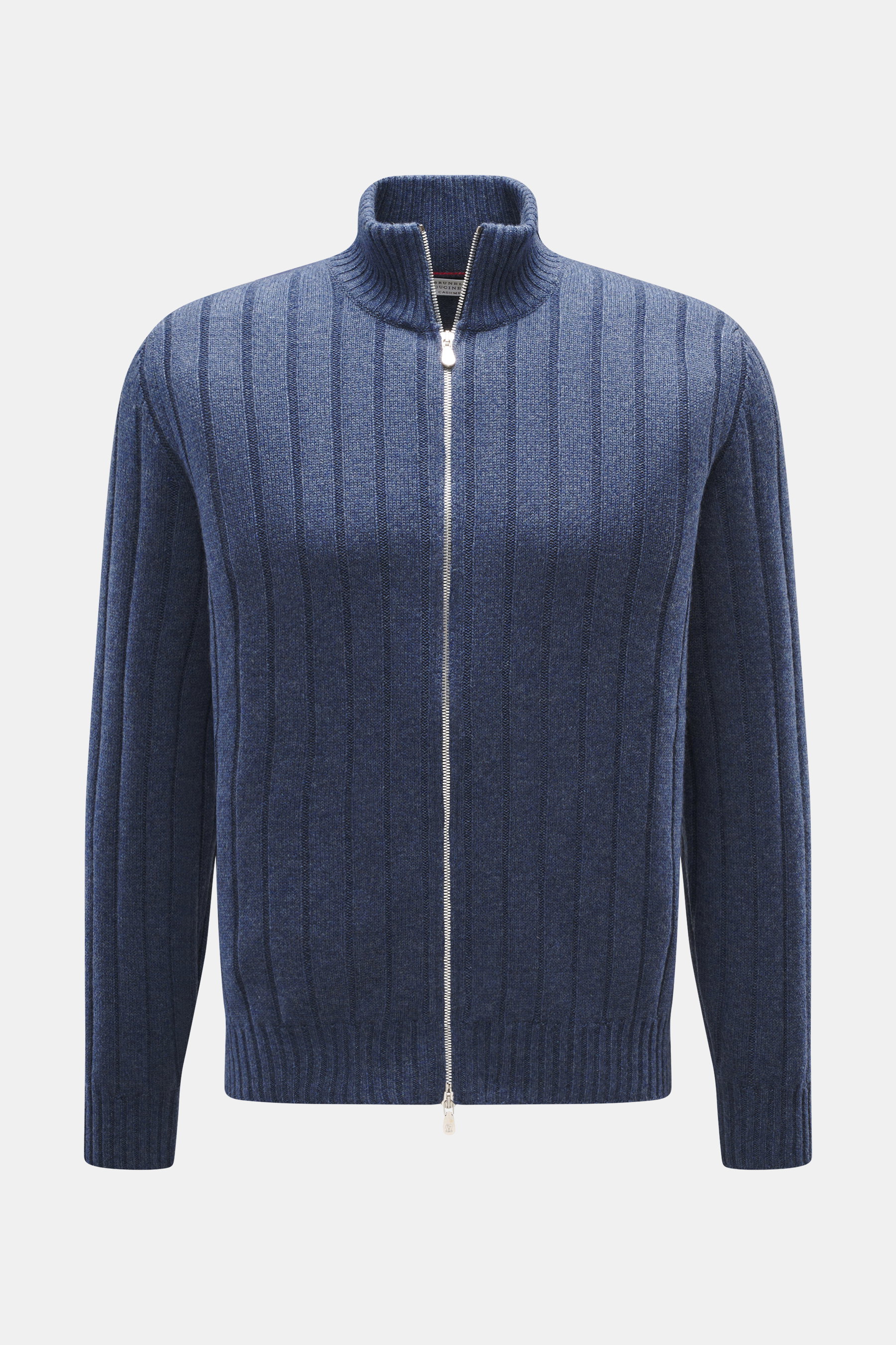 Brustansicht der graublau melierten Brunello Cucinelli Cashmere Strickjacke mit breitem Rippstrick, Stehkragen, Slim Fit und Zwei-Wege-Zipper.