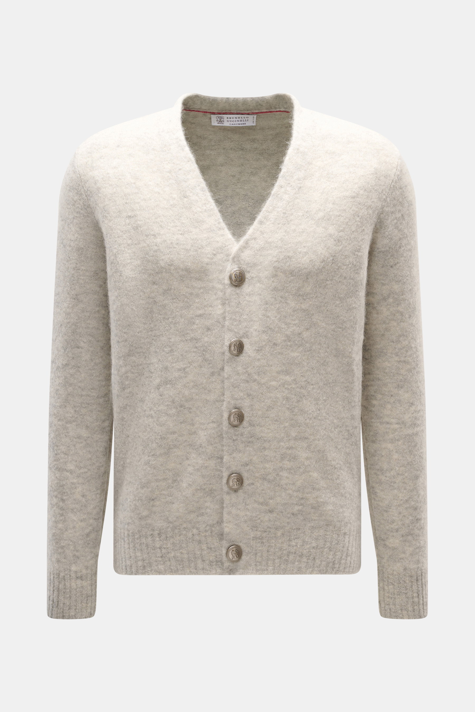 Brunello Cucinelli Cardigan hellgrau/sand meliert, frontale Nahaufnahme, weicher Alpaka-Mix, V-Ausschnitt, Wappenknöpfe, Regular Fit, Rippbündchen, Kontrastkante, mittelfeines Strickbild.
