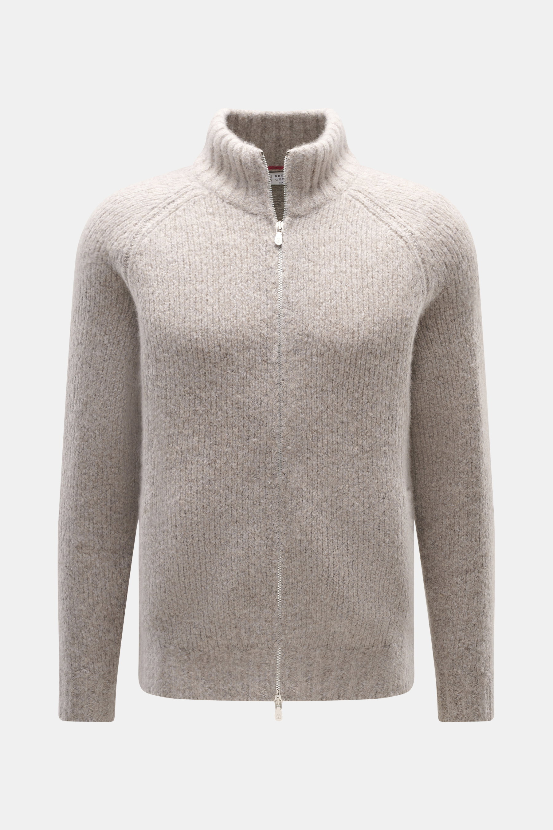 Brunello Cucinelli Cardigan taupe melange shown front view with high stand-up collar, two-way zipper, raglan sleeves, and coarse knit texture. Luxurious through the cold season: For the next ski holiday, BRUNELLO CUCINELLI offers the perfect foundation fo