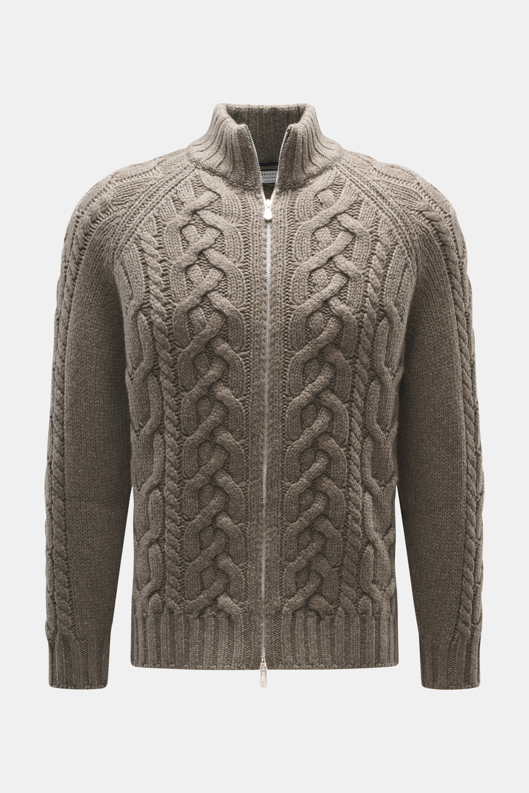 Front view of Brunello Cucinelli Cashmere cardigan grey-green with classic cable knit, ribbed stand-up collar, raglan sleeves, two-way zipper.