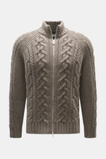 Front view of Brunello Cucinelli Cashmere cardigan grey-green with classic cable knit, ribbed stand-up collar, raglan sleeves, two-way zipper.