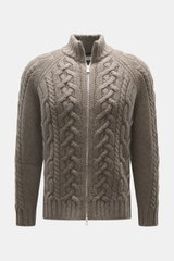 Front view of Brunello Cucinelli Cashmere cardigan grey-green with classic cable knit, ribbed stand-up collar, raglan sleeves, two-way zipper.