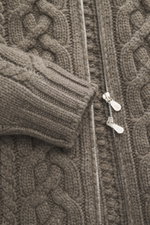 Close-up front view of Brunello Cucinelli Cashmere cardigan grey-green showcasing classic cable knit, two-way zipper, ribbed cuffs, and collar.