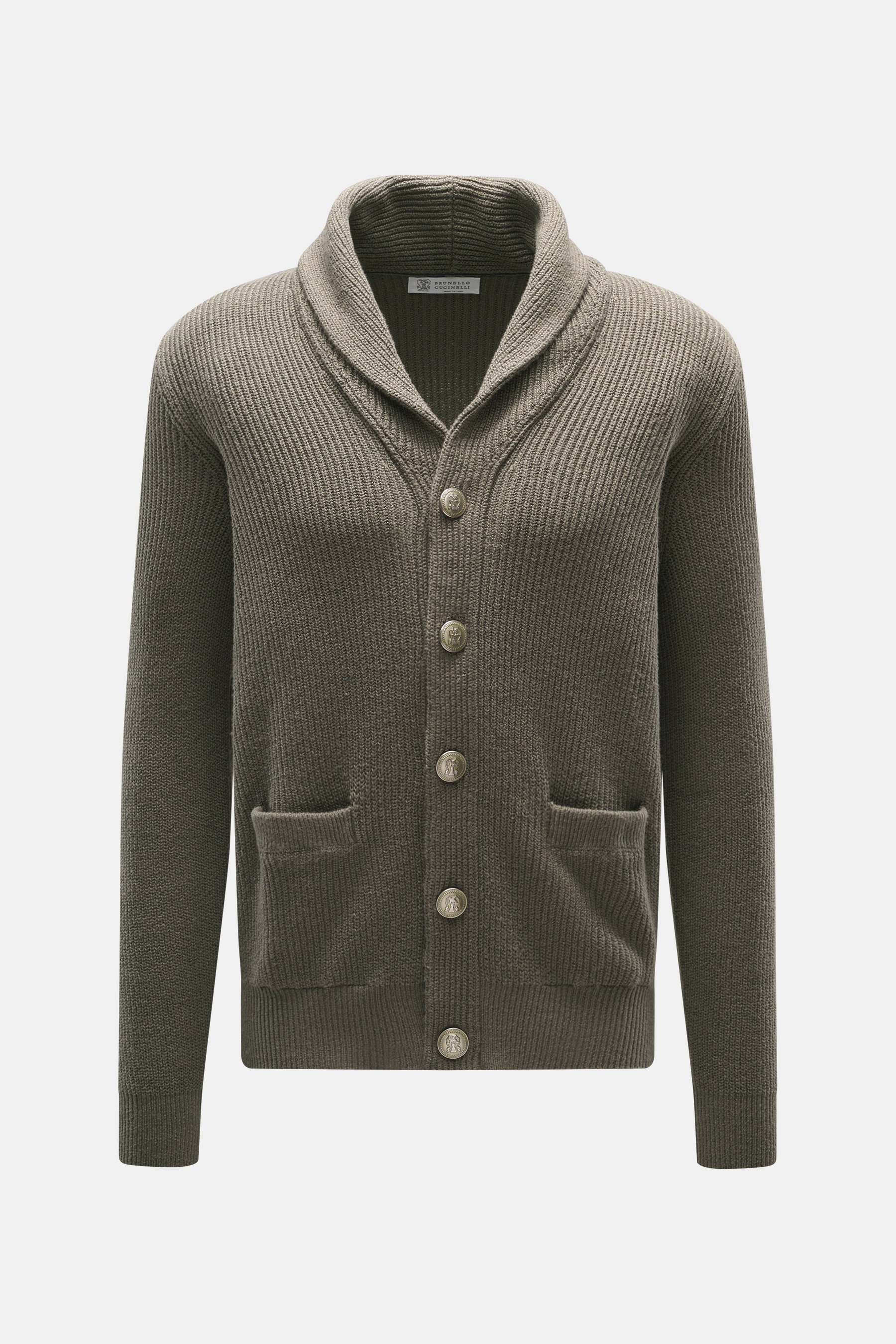Brunello Cucinelli Cardigan grey-green shown from the front, ribbed knit with shawl collar, five-button placket, decorative logo buttons, welt pockets, elastic cuffs. The coat of arms of Solomeo as a stylish statement: Enhanced with decorative buttons, th
