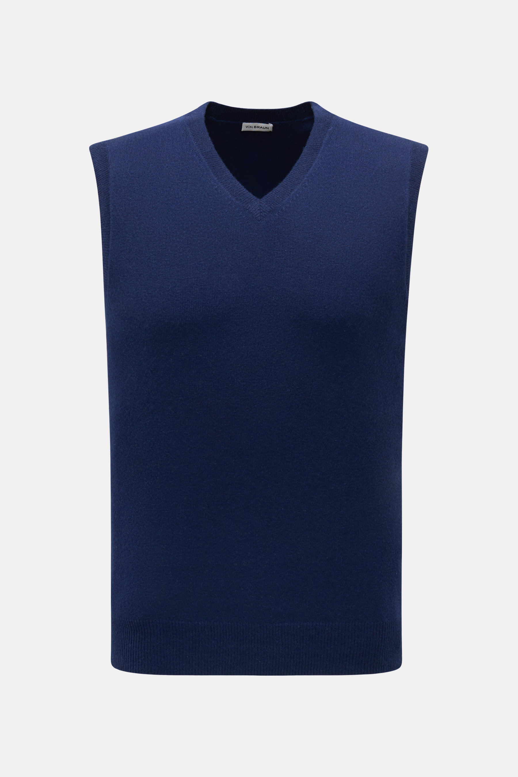 von Braun Cashmere Pullunder dunkelblau in Slim Fit, frontale Nahaufnahme, aus reinem Cashmere mit feinem Strickbild und elastischen Rippbündchen.