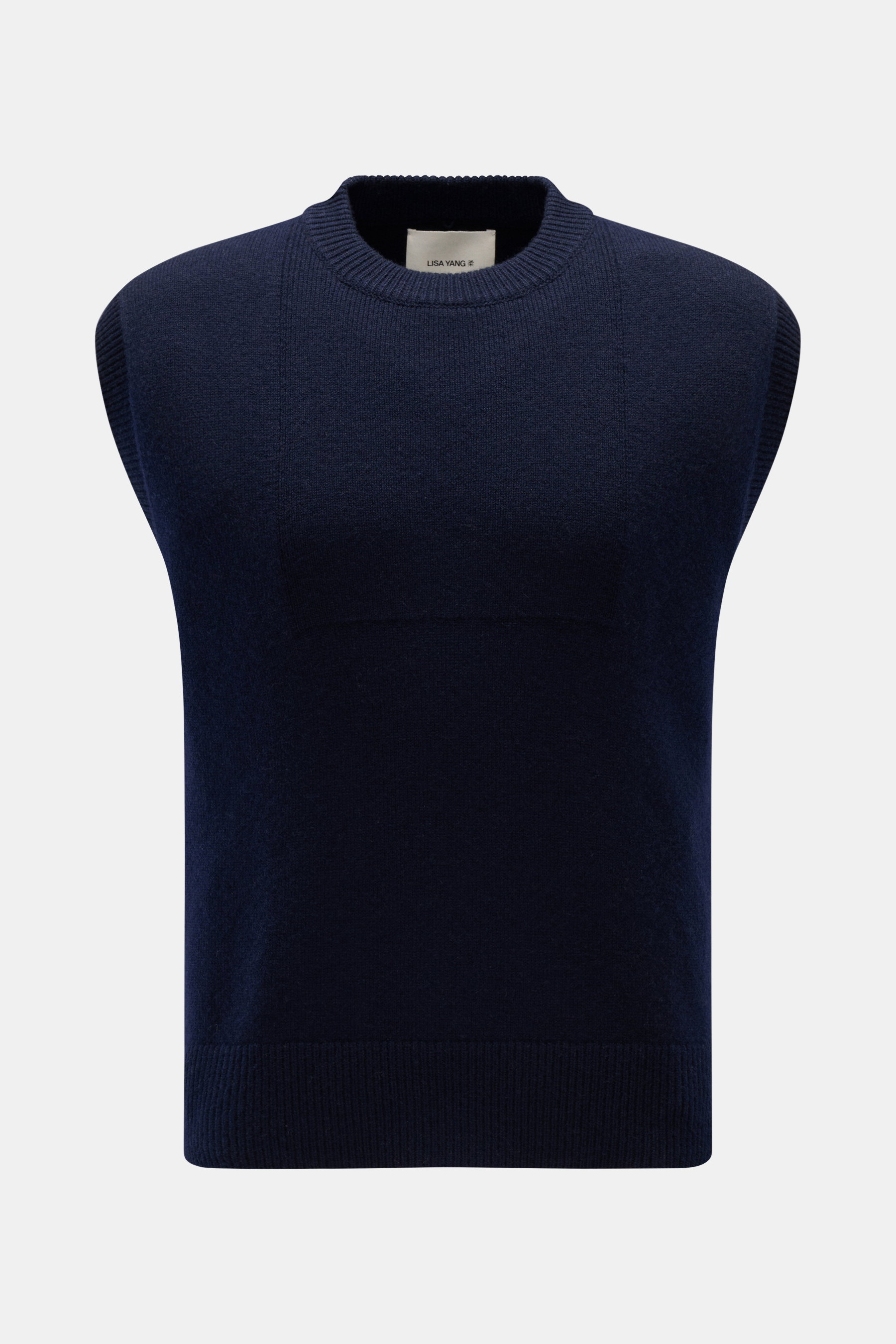 Lisa Yang Cashmere Pullunder 'Dennis' navy, frontal fotografiert, Slim Fit, reiner Cashmere, weicher Griff, Rundhalsausschnitt, Rippstrick-Saum.