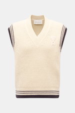 Ami Paris V-Neck Pullunder sand shown from the front, knitted in chunky wool and cotton rib, featuring a V-neck, slim fit, wide contrasting ribbed cuffs, and the iconic 'Ami' heart logo in college style for a preppy look. <p>Layering-Piece von AMI PARIS: 
