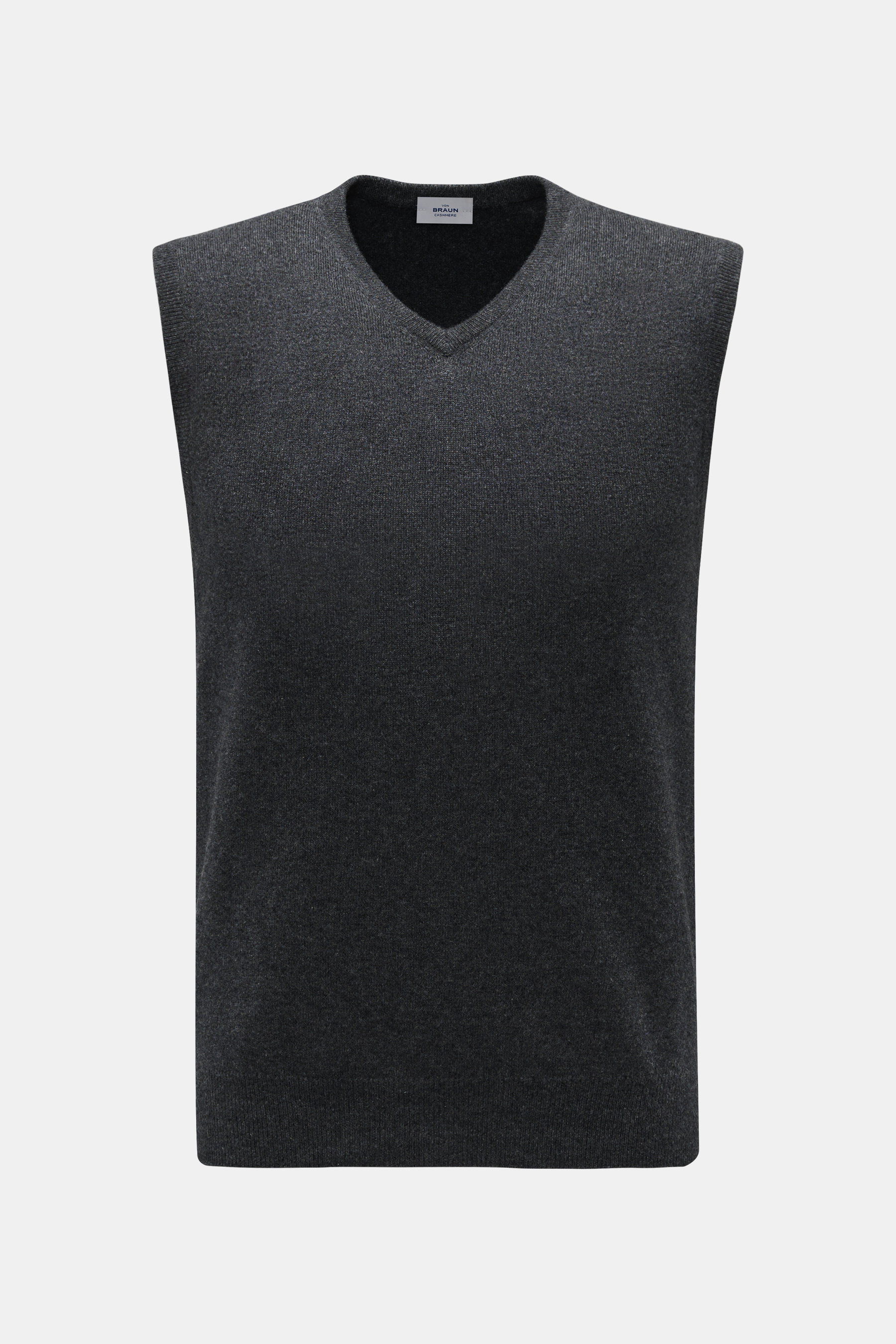 von Braun Cashmere Pullunder anthrazit, Slim Fit, feines Strickbild, elastische Rippbündchen, sehr weich, aus Mongolei Cashmere, frontal fotografiert