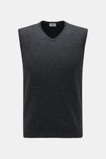 von Braun Cashmere slipover anthracite shown front-facing on a plain background, soft layering piece in pure Mongolian cashmere, very soft feel, fine knit, slim fit, elasticated ribbed bands.