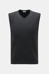 von Braun Cashmere slipover anthracite shown front-facing on a plain background, soft layering piece in pure Mongolian cashmere, very soft feel, fine knit, slim fit, elasticated ribbed bands.