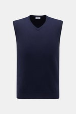 Front view of von Braun Cashmere Pullunder navy, a sleeveless, slim fit layering piece made of pure, soft Mongolian cashmere with fine knit and elastic ribbed cuffs. <p>Geschmeidiges Layering-Piece: Der VON BRAUN Pullunder wurde aus reinem Cashmere gefert