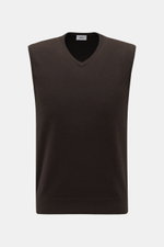 Front view of von Braun Cashmere sweater vest dark brown, a soft layering piece made of pure Mongolian cashmere with a fine knit, slim fit, and elasticated ribbed bands. 

<p>Soft layering piece: This VON BRAUN sweater vest is made of pure Mongolian cashm