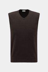 Front view of von Braun Cashmere sweater vest dark brown, a soft layering piece made of pure Mongolian cashmere with a fine knit, slim fit, and elasticated ribbed bands. 

<p>Soft layering piece: This VON BRAUN sweater vest is made of pure Mongolian cashm