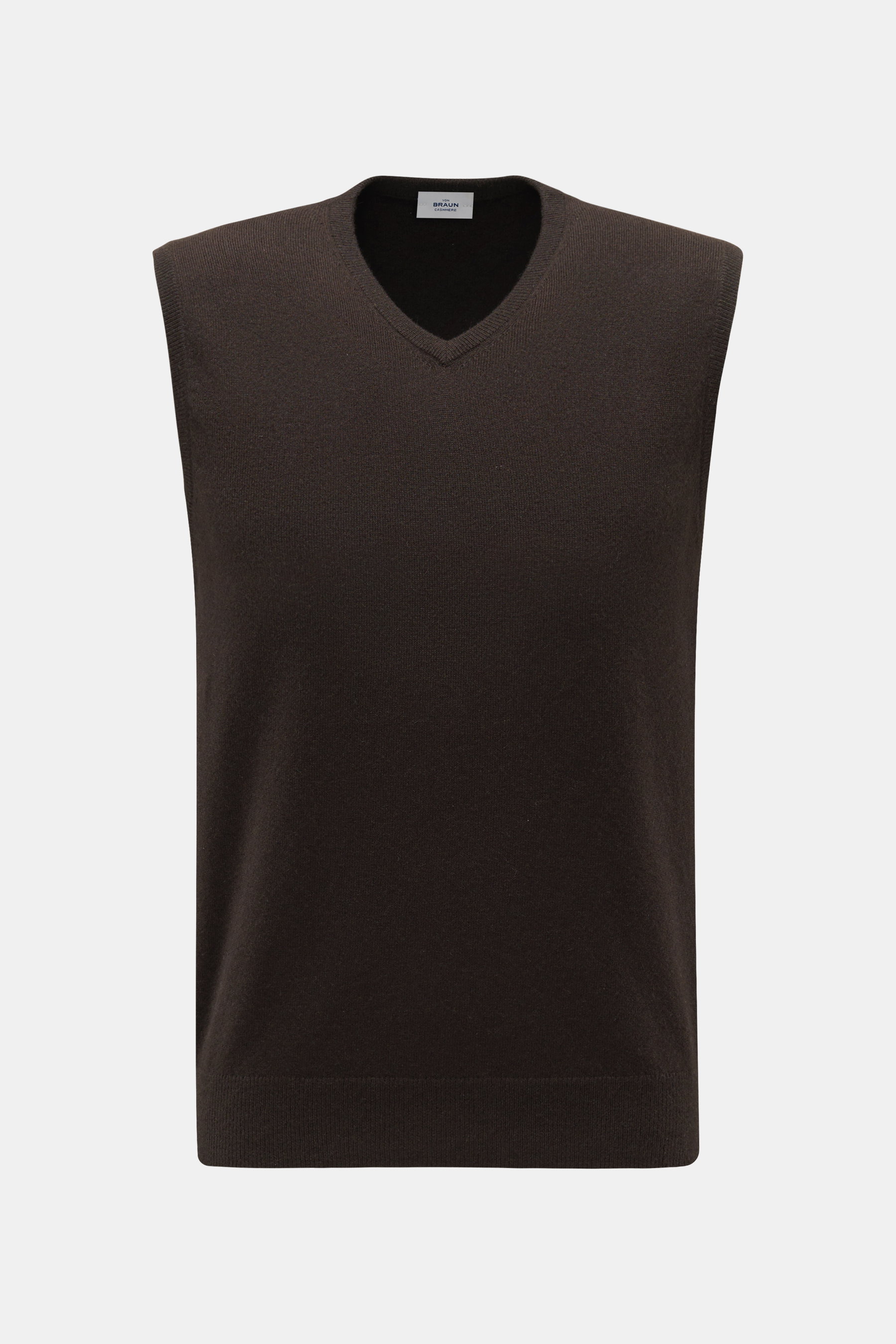 von Braun Cashmere Pullunder dunkelbraun, Vorderansicht, Slim Fit, feines Strickbild, elastische Rippbündchen, reiner weicher Cashmere aus Mongolei