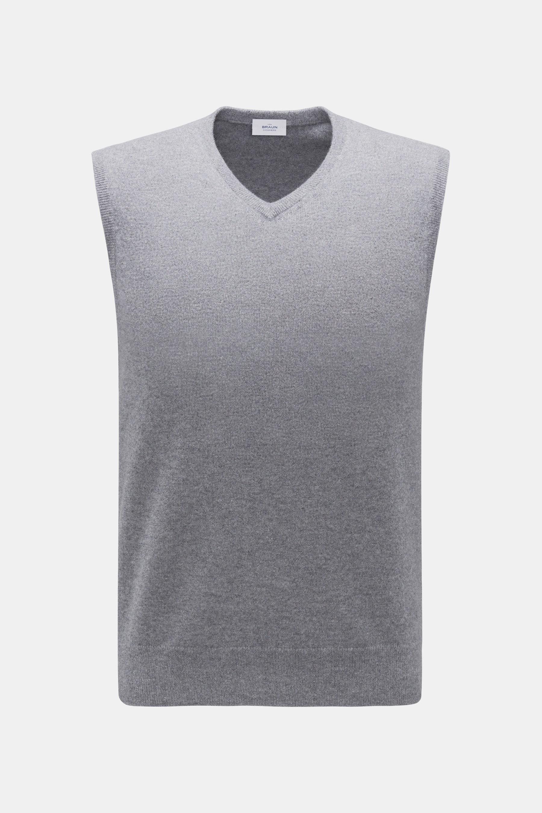 von Braun Cashmere Pullunder grau meliert, frontal fotografiert, Slim Fit, feines Strickbild, geschmeidiges Layering-Piece aus reinem Cashmere, sehr weich, elastische Rippbündchen