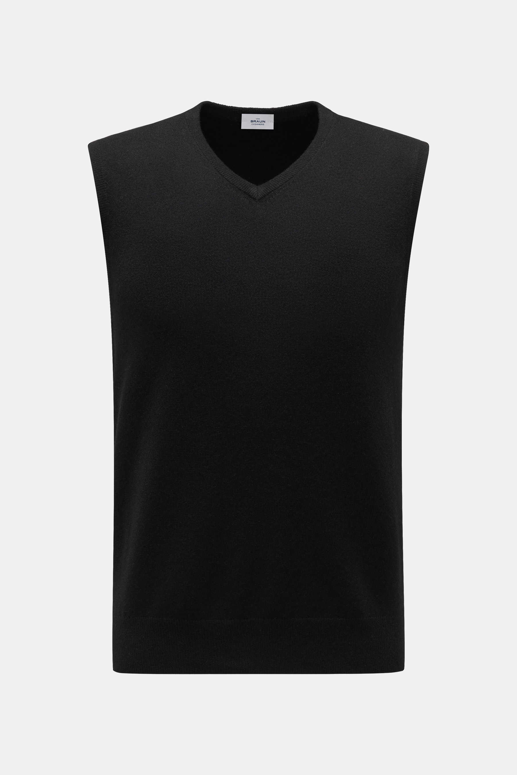 von Braun Cashmere Pullunder schwarz, frontal fotografiert, aus reinem Cashmere, sehr weicher Griff, feines Strickbild, Slim Fit, elastische Rippbündchen, geschmeidiges Layering-Piece.