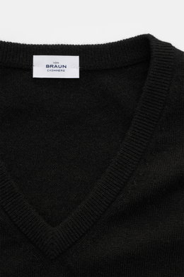 von Braun Cashmere Pullunder schwarz, Detailansicht von oben zeigt feines Strickbild, elastische Rippbündchen, Slim Fit, reiner Cashmere aus Mongolei, sehr weich