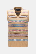 Front view of Polo Ralph Lauren Sweater vest beige patterned, a slim fit V-neck sweater vest with elasticated ribbed bands, medium-fine knit in a soft cotton and wool blend, featuring a warm preppy patterned knit perfect for layering over a shirt.