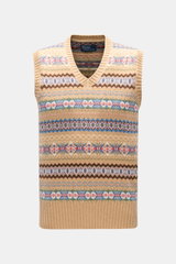 Front view of Polo Ralph Lauren Sweater vest beige patterned, a slim fit V-neck sweater vest with elasticated ribbed bands, medium-fine knit in a soft cotton and wool blend, featuring a warm preppy patterned knit perfect for layering over a shirt.