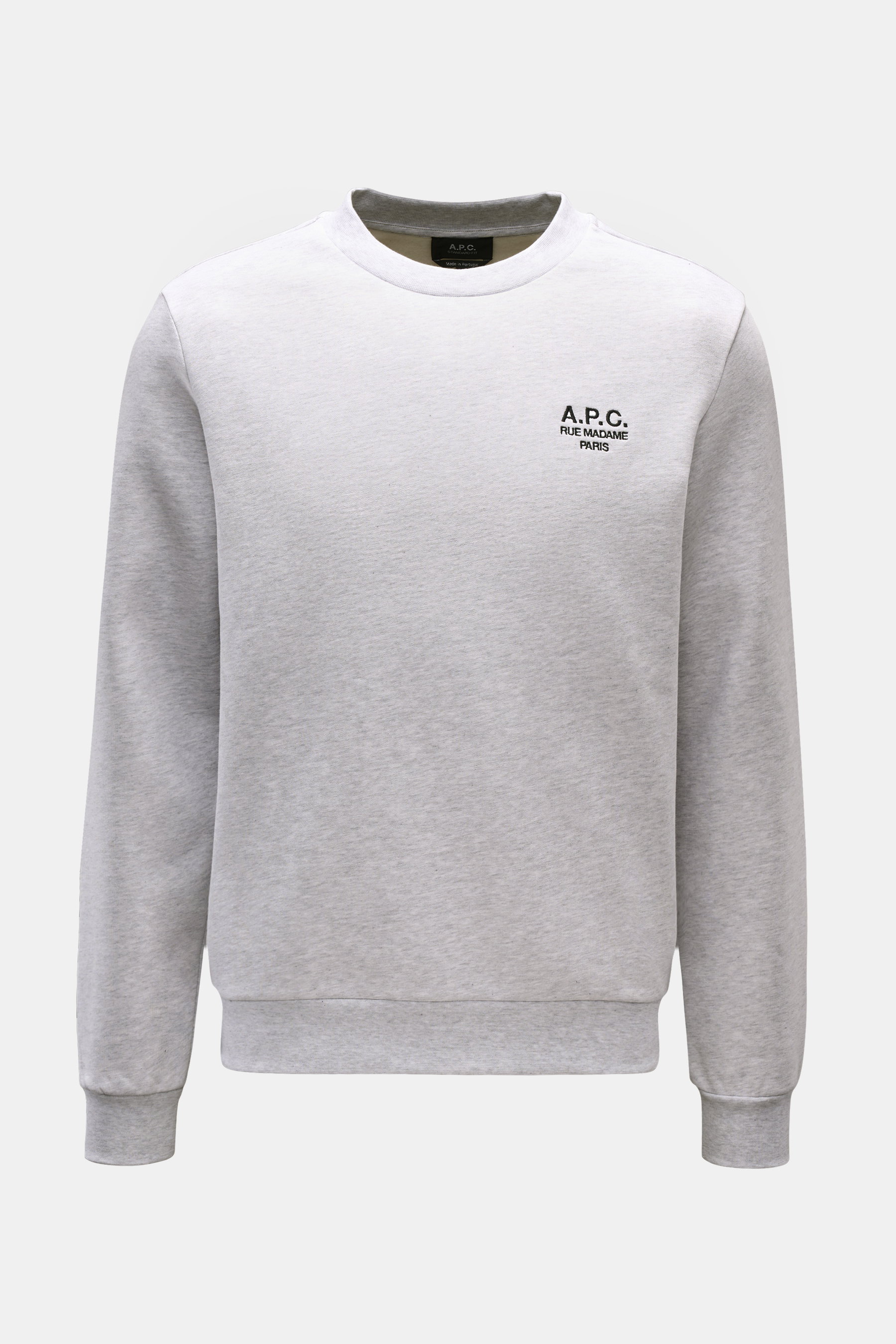A.P.C. Rundhals-Sweatshirt 'Standard Rue Madame' hellgrau meliert, Slim Fit, aus leicht elastischer Baumwolle, mit farblich abgesetztem Logo-Stitching vorne, Frontansicht.