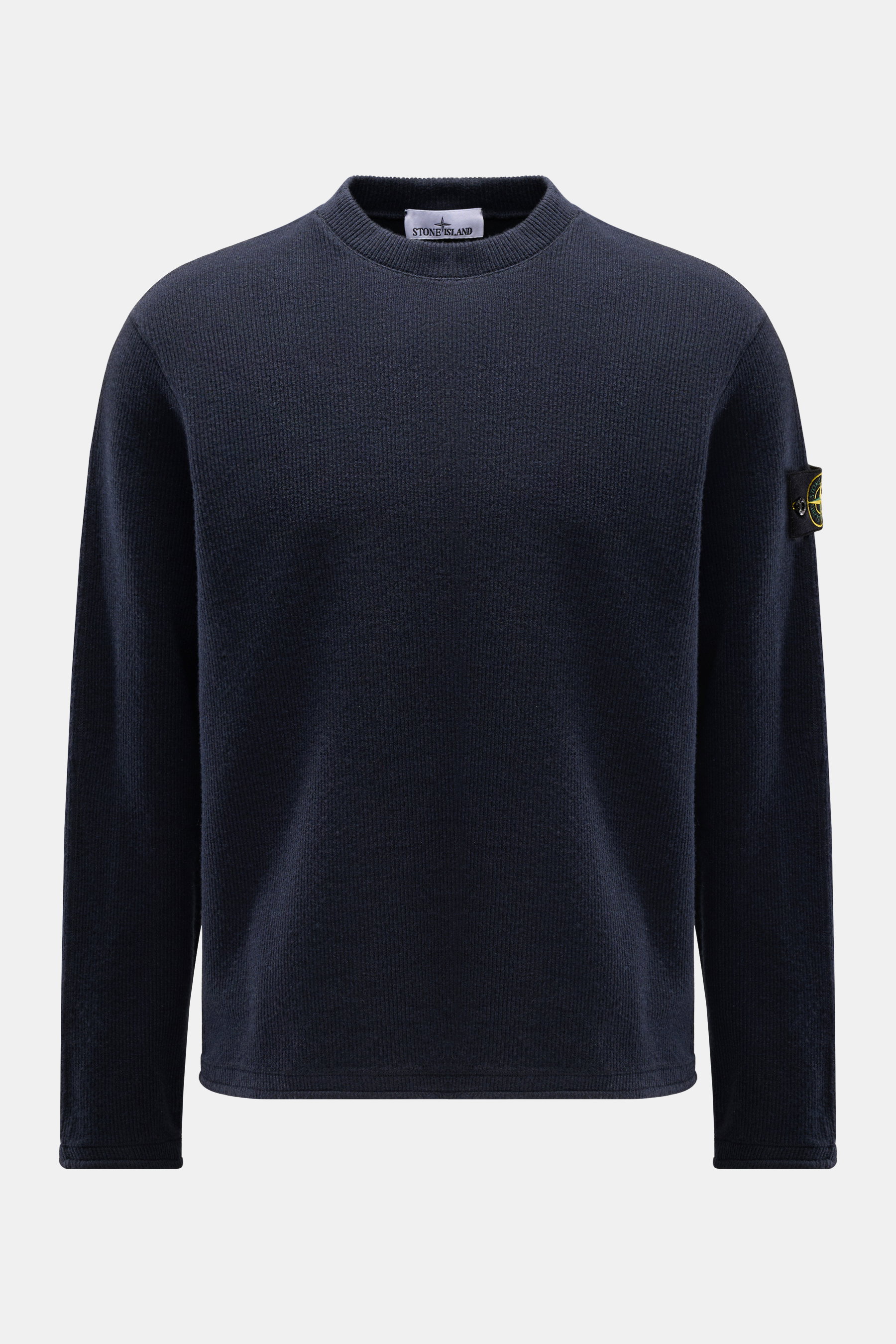 Stone Island Rundhalspullover 'Ribbed Wool Nylon' navy, frontale Ansicht, Rippstrick aus Wolle-Microfaser mit Kompass-Badge am Ärmel, Regular Fit, Rundhals