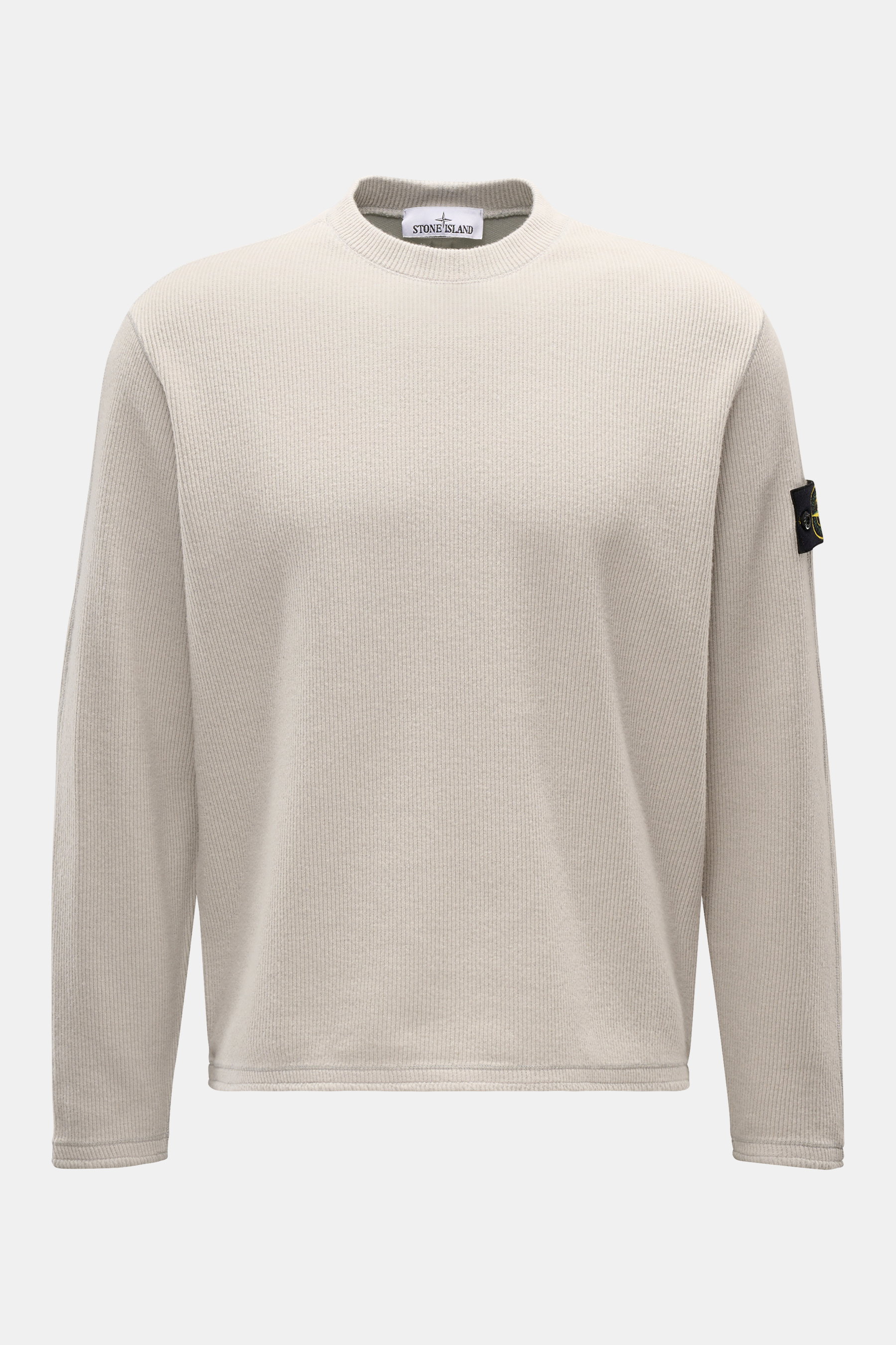 Stone Island Rundhalspullover 'Ribbed Wool Nylon' grau, Frontansicht, Rippstrick aus Wolle-Nylon, Regular Fit, Rundhalsausschnitt, Kompass-Badge am Ärmel.