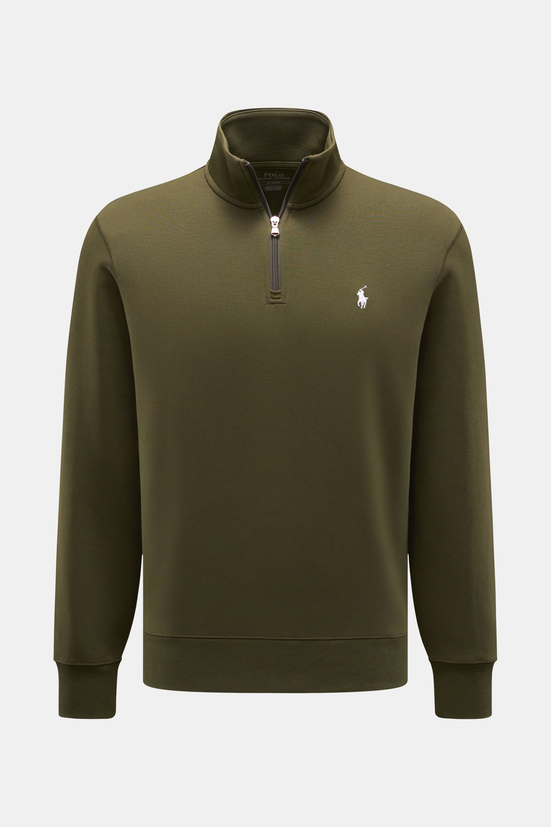 Polo Ralph Lauren Sweat-Troyer dark olive, frontal fotografiert, Regular Fit, Troyer-Kragen mit Reißverschluss, weicher Jersey aus Baumwolle und Microfaser, typisches Polo-Reiter-Stitching, komfortable Rippbündchen.