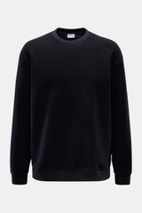 Front view of 04651/ A trip in a bag Rundhalspullover navy, a soft fleece crewneck sweatshirt in wool-cotton blend, regular fit with ribbed cuffs and hem, jersey inner side, side seam web label. Legeres Layering Piece: Der Rundhalspullover von 04651/ A TR